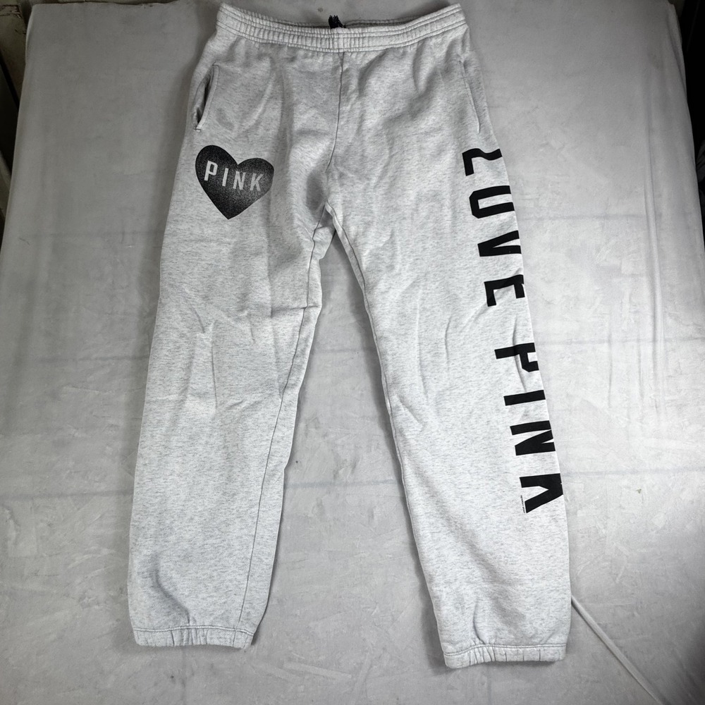 Victoria's Secret Pink Sweatpants Women 32 Gray Heather Heart Logo Elastic Waist